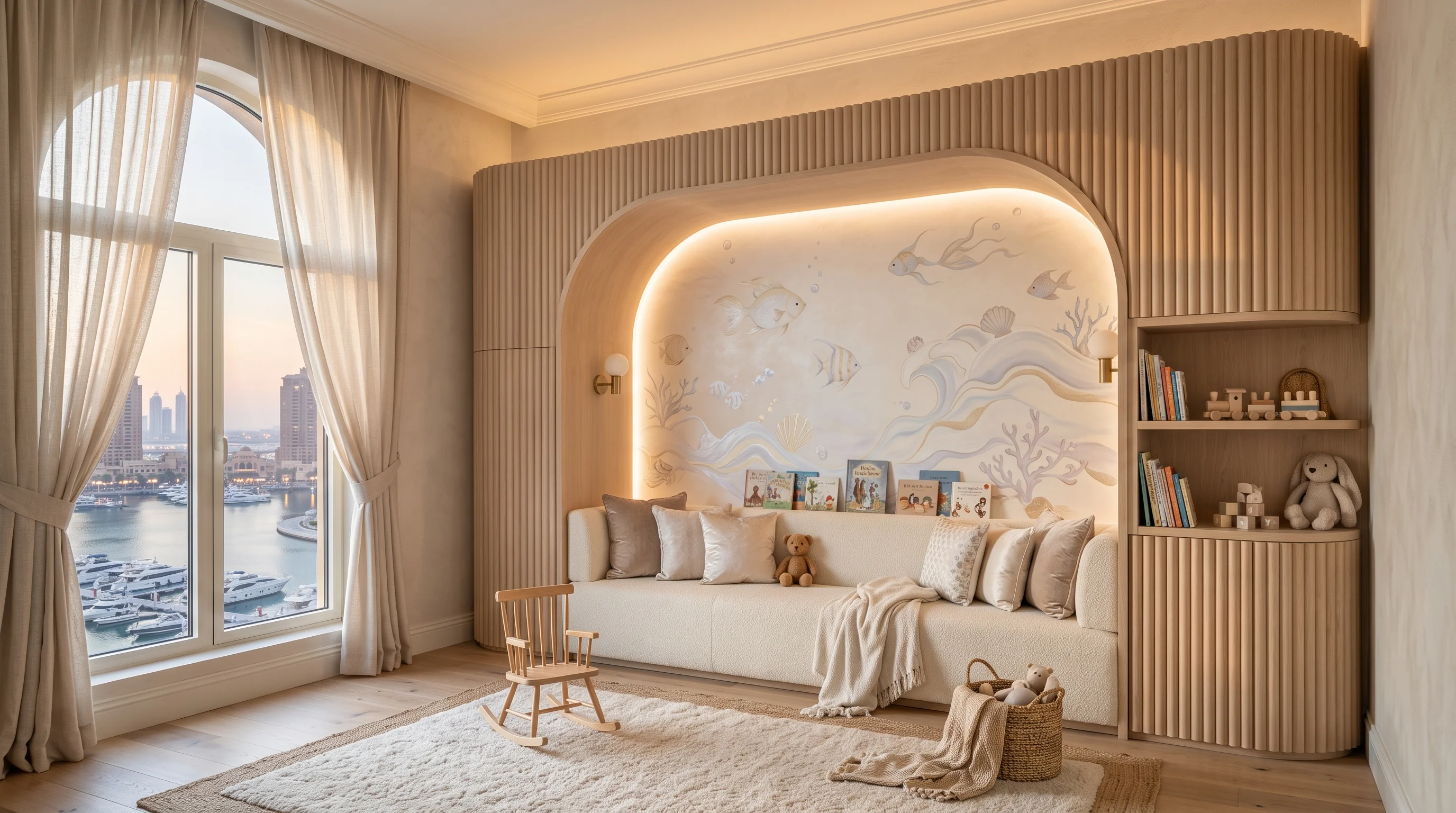 Architectural hand-painted scenic botanical wall mural in The Pearl-Qatar